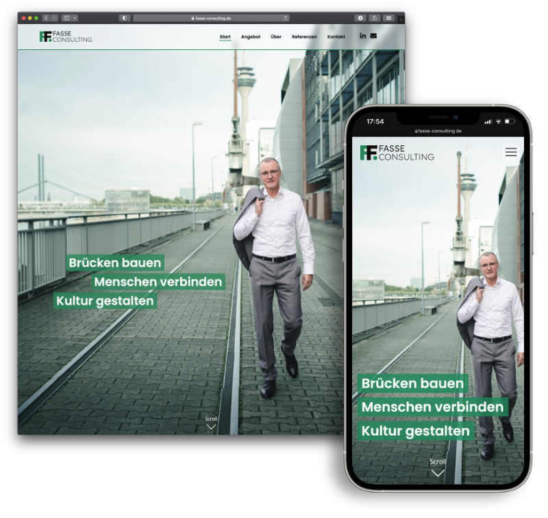 Freiberufliche Webentwicklung Referenzprojekt: Screenshot von Desktop und mobiler Darstellung einer Website eines freiberuflichen Unternehmensberaters aus Düsseldorf.