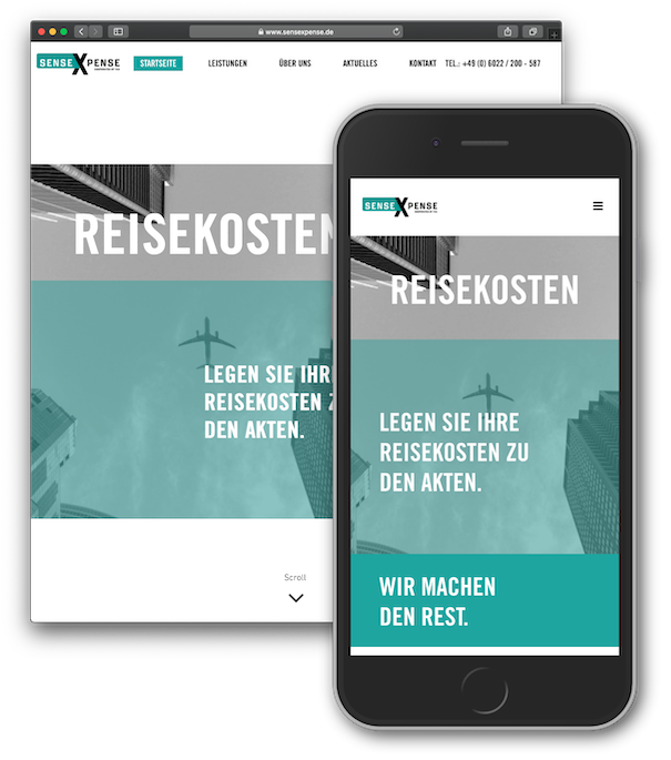 Freiberufliche Webentwicklung Referenzprojekt: Screenshot im Browser und Smartphone einer entwickelten Business-Website, hier eine One-Pager Landingpage für ein Unternehmen aus Bonn, Nordrhein Wesfalen aus dem Reise Dinestleistungsbereich.
